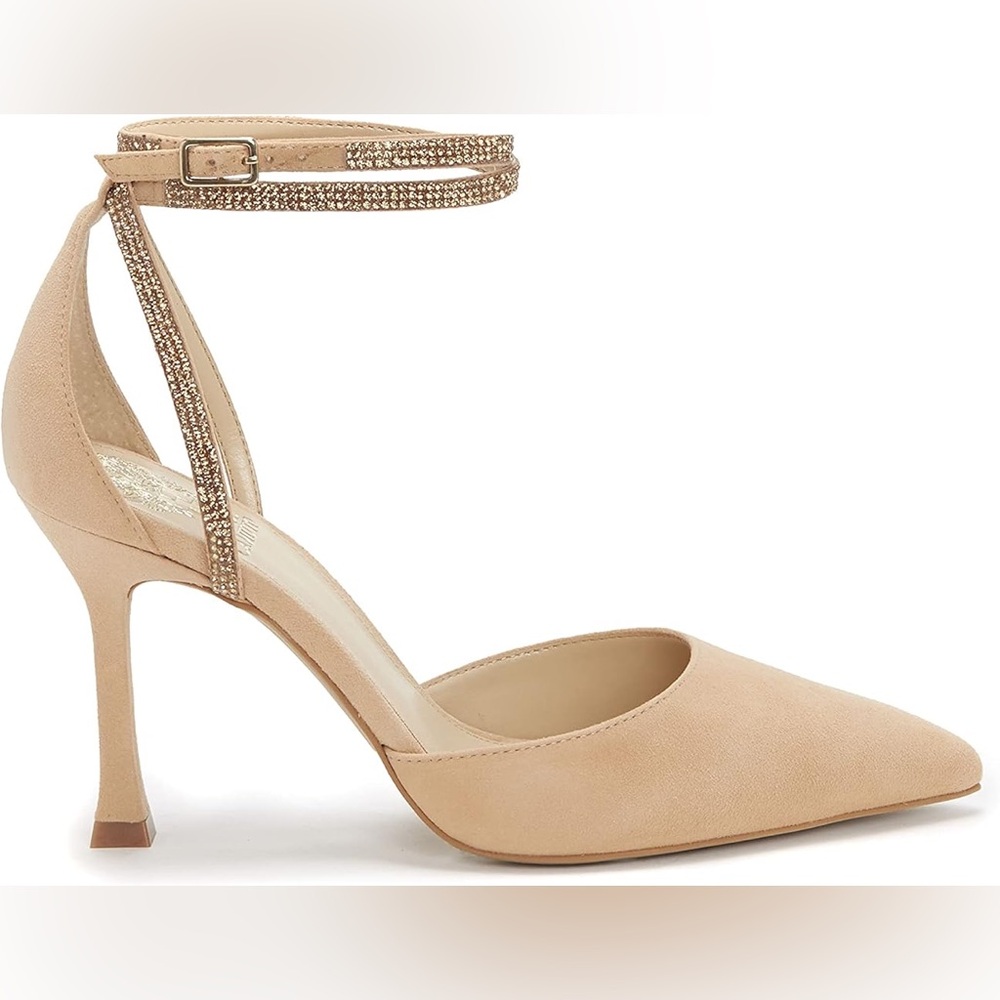 VINCE CAMUTO *NWOT* Ketrinda Nude Suede Rhinestone Ankle Strap Pumps Size 6.5